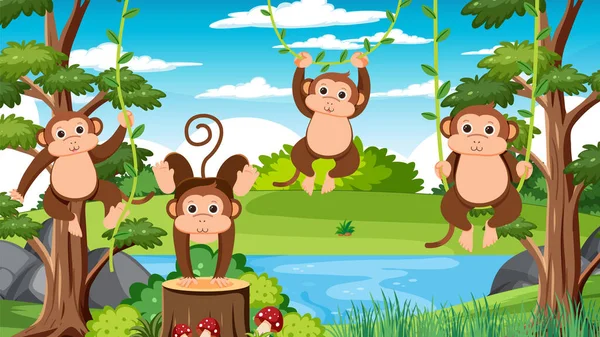 Monkey Group Forest Background Illustration — Stock Vector