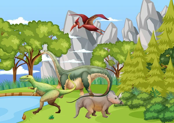Доисторический Лес Иллюстрацией Мультфильмам Про Динозавров — стоковый вектор