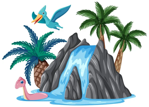 Waterfall with dinosaur in cartoon style illustration