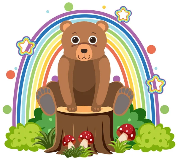 平面卡通画中的树桩上有可爱的熊 — 图库矢量图片