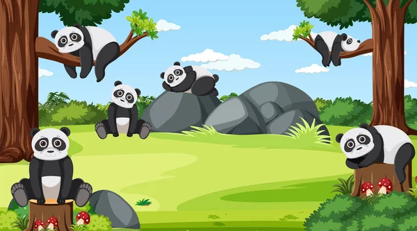 Panda Bears Forest Scene Illustration — Stock Vector