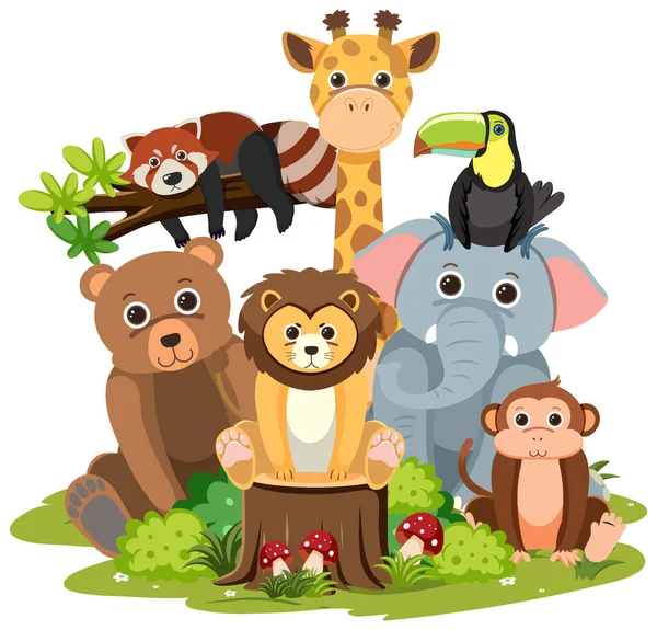 Wilde Dieren Groep Witte Achtergrond Illustratie — Stockvector