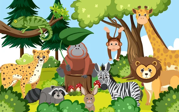 Cute Wild Animals Forest Illustration — Stock Vector