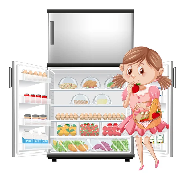 Muchacha Hambrienta Disfrutar Comer Delante Del Refrigerador Ilustración — Vector de stock