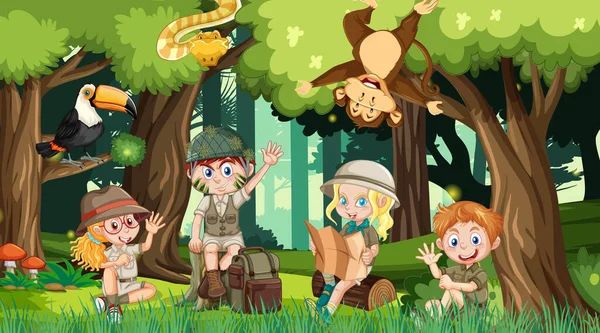 Kinderen Wandelen Het Bos Illustratie — Stockvector