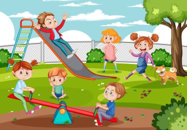 Oyun parkında oynayan mutlu çocuklar