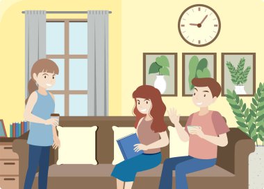 Oturma odasının içi düz tasarım konsept çizimleriyle dolu.