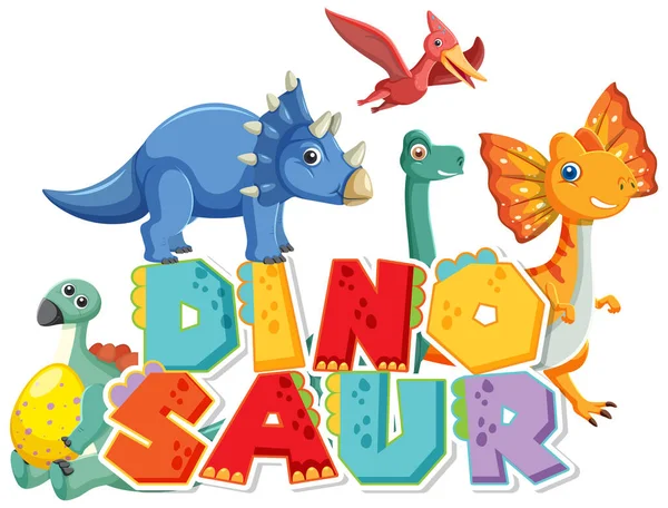 Niedliche Dinosaurier Gruppe Mit Dinosaurier Wort Logo Illustration — Stockvektor