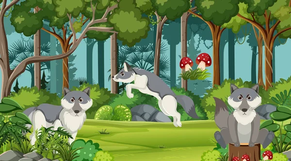Groupe Loups Dans Forêt Illustration Scène — Image vectorielle