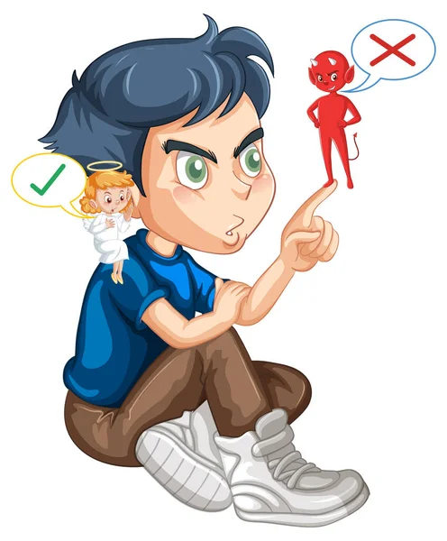 Personagem Desenho Animado Com Diabo Anjo Lutando Ilustração Pensamento — Vetor de Stock