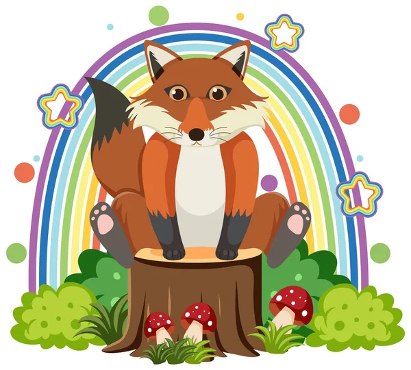 平面卡通画风格的树桩上的可爱狐狸 — 图库矢量图片