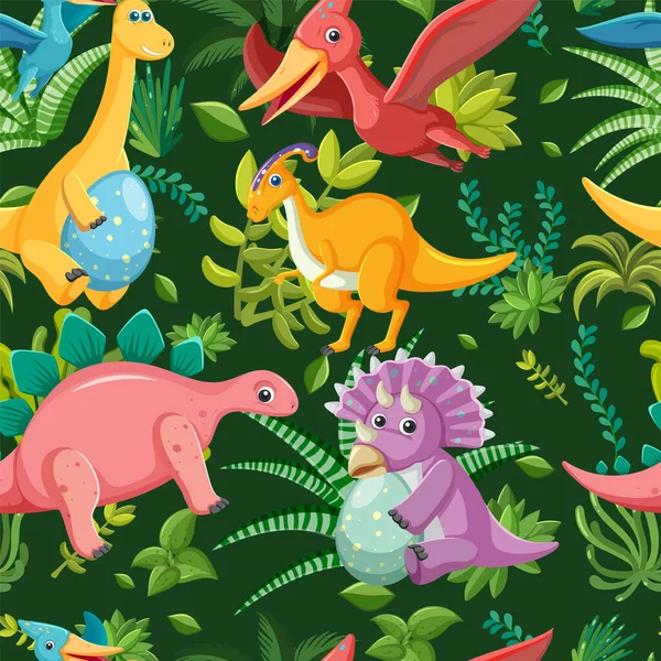 Söt Dinosaurie Sömlös Mönster Illustration — Stock vektor