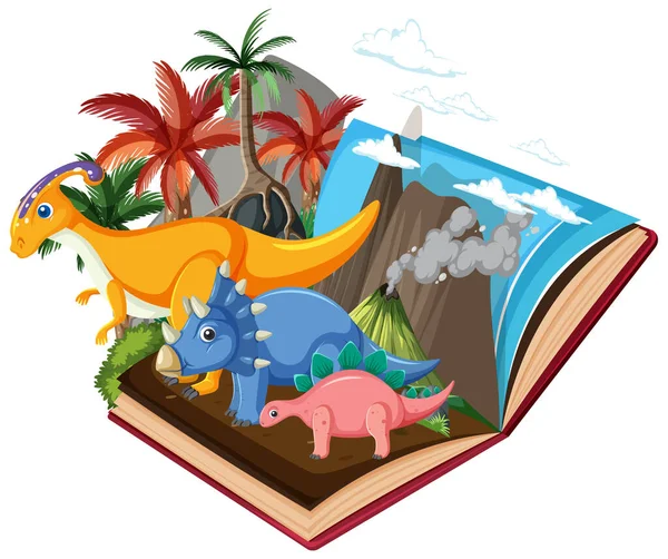 Opened book with dinosaur in prehistoric forest illustration