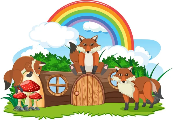 Fox Groep Met Paddestoel Huis Illustratie — Stockvector