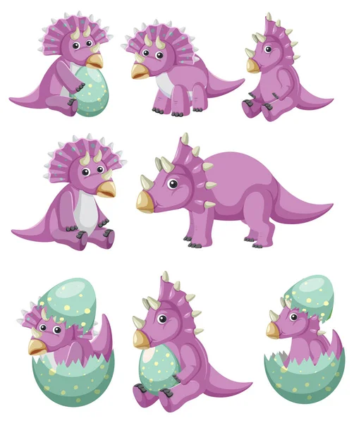 異なる紫色のトリケラトプス恐竜のコレクションイラスト — ストックベクタ