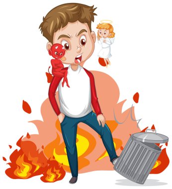 Çizgi film karakteri şeytan ve melek düşünce illüstrasyonunda kavga ediyor.