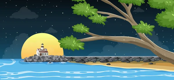 Leuchtturm Küste Bei Nacht Hintergrund Illustration — Stockvektor