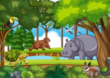 Çeşitli vahşi hayvan örnekleriyle dolu orman sahnesi