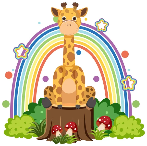 Cute Giraffe Stump Flat Cartoon Style Illustration — Stock Vector