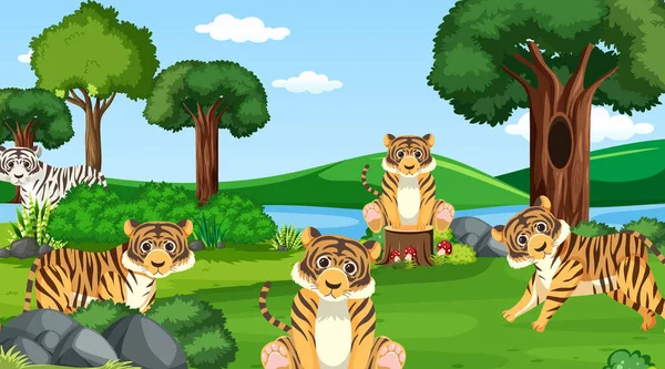 Tigers Forest Scene Illustration — Archivo Imágenes Vectoriales