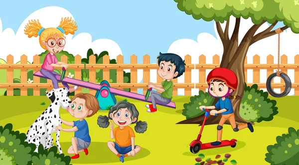 Boldog Gyerekek Játszanak Játszótér Illusztráció — Stock Vector