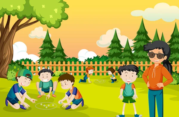 Parque Aire Libre Con Niños Jugando Mármol Ilustración — Vector de stock