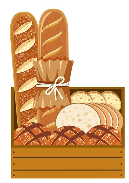 Different Types Breads Wooden Crate Illustration — Vector de stock