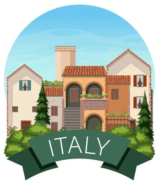Italie Étiquette Bannière Avec Des Bâtiments Maison Illustration — Image vectorielle