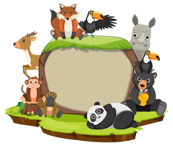 Wilde Dieren Met Blanco Bord Sjabloon Illustratie — Stockvector