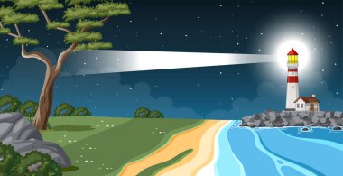 Gece arkaplanındaki deniz feneri deniz kıyısı çizimleri