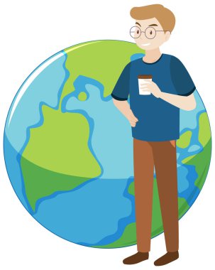 Man stading next to earth cartoon illustration