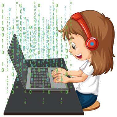 A girl using laptop with binary code illustration