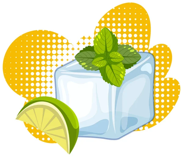Ice Cube Lime Sliced Mint Leaf Illustration — Stockvektor