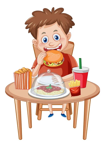Boy Enjoying Junk Food Meal Table Illustration — 图库矢量图片