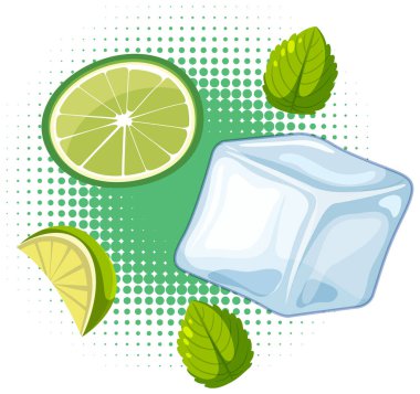 Freah ice cube with lime sliced and mint leaf illustration