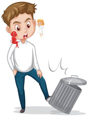 Çizgi film karakteri şeytan ve melek düşünce illüstrasyonunda kavga ediyor.