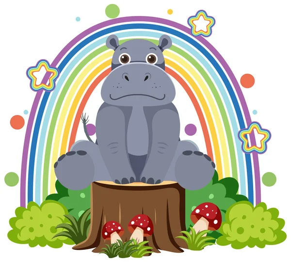 Cute Hippo Stump Flat Cartoon Style Illustration — Stock Vector
