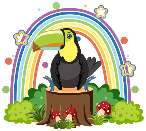 Cute Toucan Bird Stump Flat Cartoon Style Illustration — Διανυσματικό Αρχείο