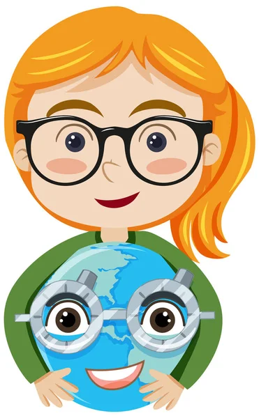 Girl Wearing Glasses Holding Earth Planet Cartoon Illustration — 스톡 사진