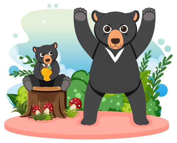 Two Cute Black Bears Flat Cartoon Style Illustration — 图库照片