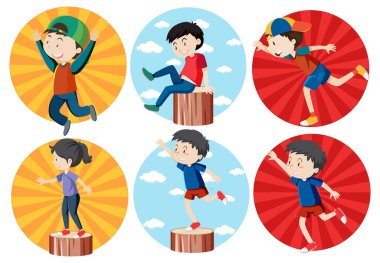 Farklı aktif çocuklar basit çizgi film karakteri çizimi