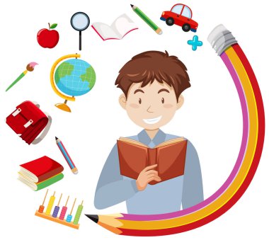 Kitap ve kırtasiye eşyaları resimlerini okuyan mutlu bir adam