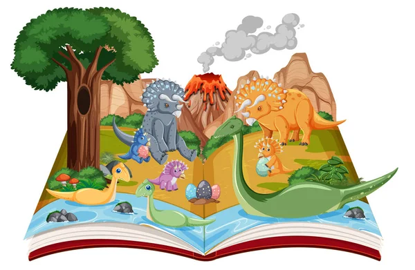 Opened Book Various Dinosaurs Forest Illustration — Stock Vector