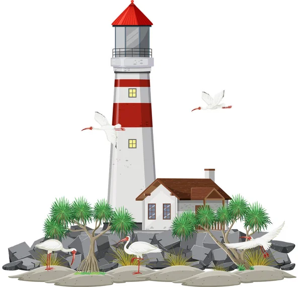 Isolated Lighthouse Tower Ibis Group Illustration — Vettoriale Stock