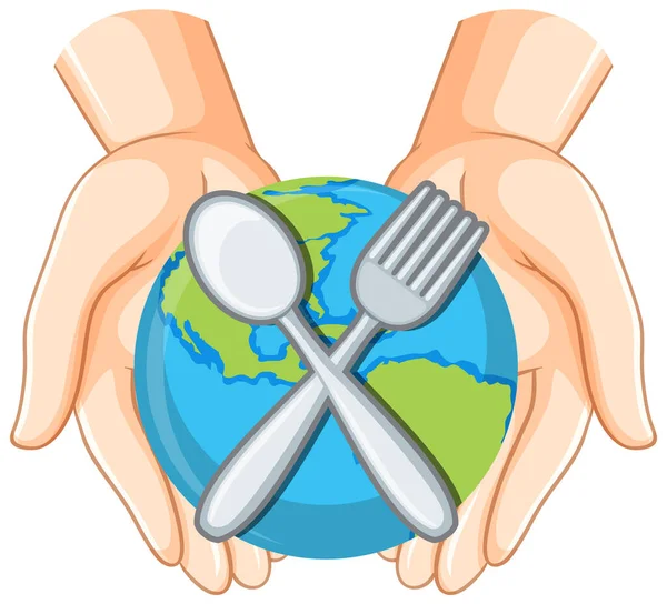 Spoon Fork Earth Globe Human Hands Illustration — 스톡 벡터