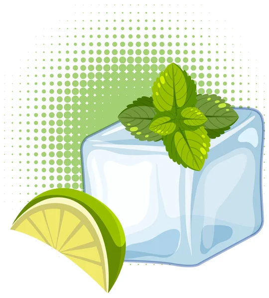 Ice Cube Lime Sliced Mint Leaf Illustration — Stockvektor