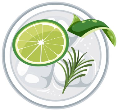 Cin ve tonik kokteyl cam illüstrasyonunun üst görüntüsü