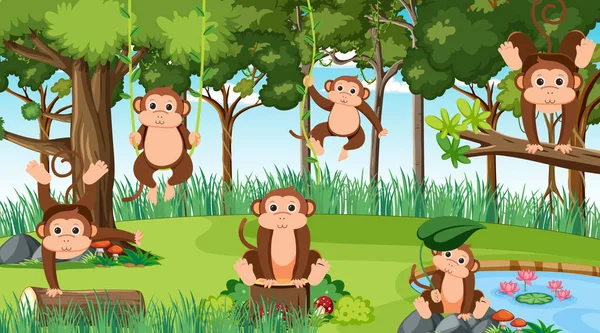 Monkeys Jungle Scene Illustration — Wektor stockowy