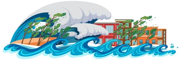City Destroyed Tsunami Ocean Wave Illustration — Vetor de Stock