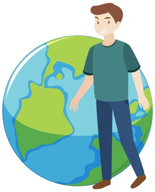 Man stading next to earth cartoon illustration